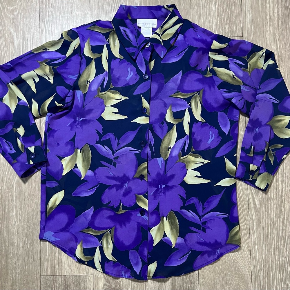 Susan Graver Style Women’s Top Long Sleeve Button Front Vintage Purple Floral M